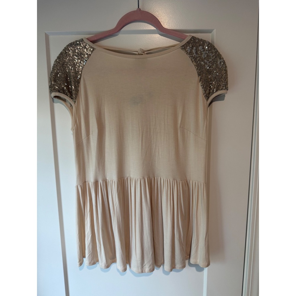 Haris Cotton Athens Sequin Cap Sleeve Peplum Blouse NWT Off White Medium